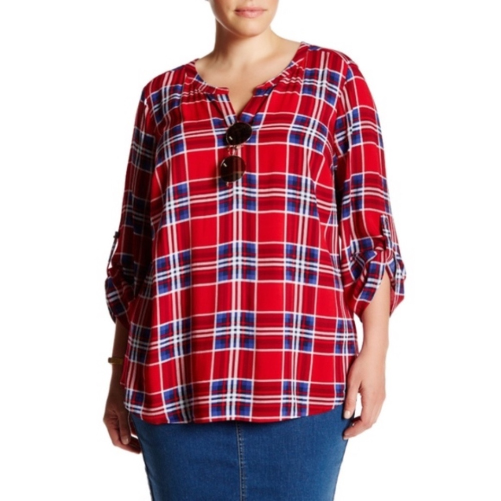 DR2 by Daniel Rainn Roll Sleeve Plaid Blouse